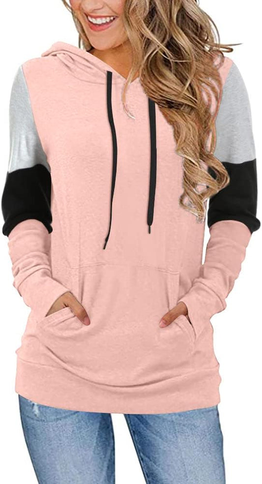 Women'S Casual Drawstring Pullover Tunic Top Long Sleeve Color Block Hoodie Sweatshirts with Pocket